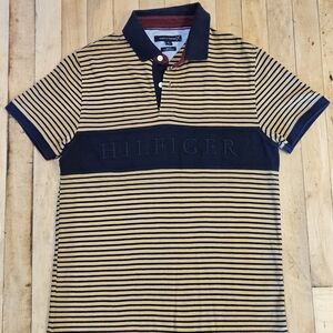 Tommy Hilfiger Men's Polo Shirt - Black and Tan Stripes